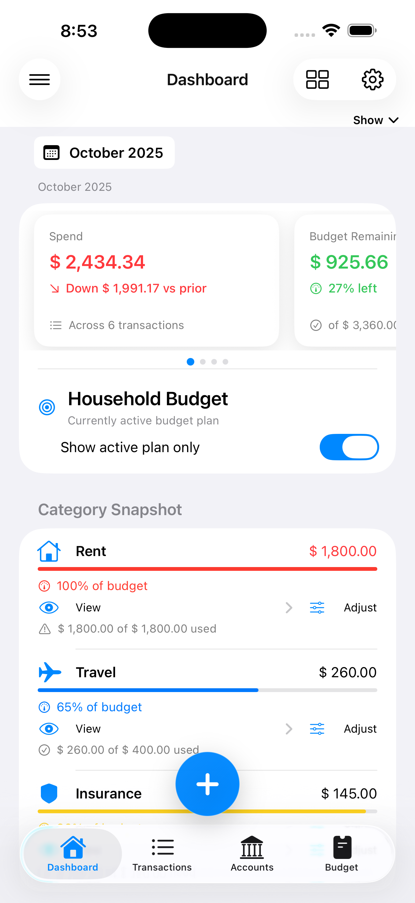 Clara Money dashboard overview screen