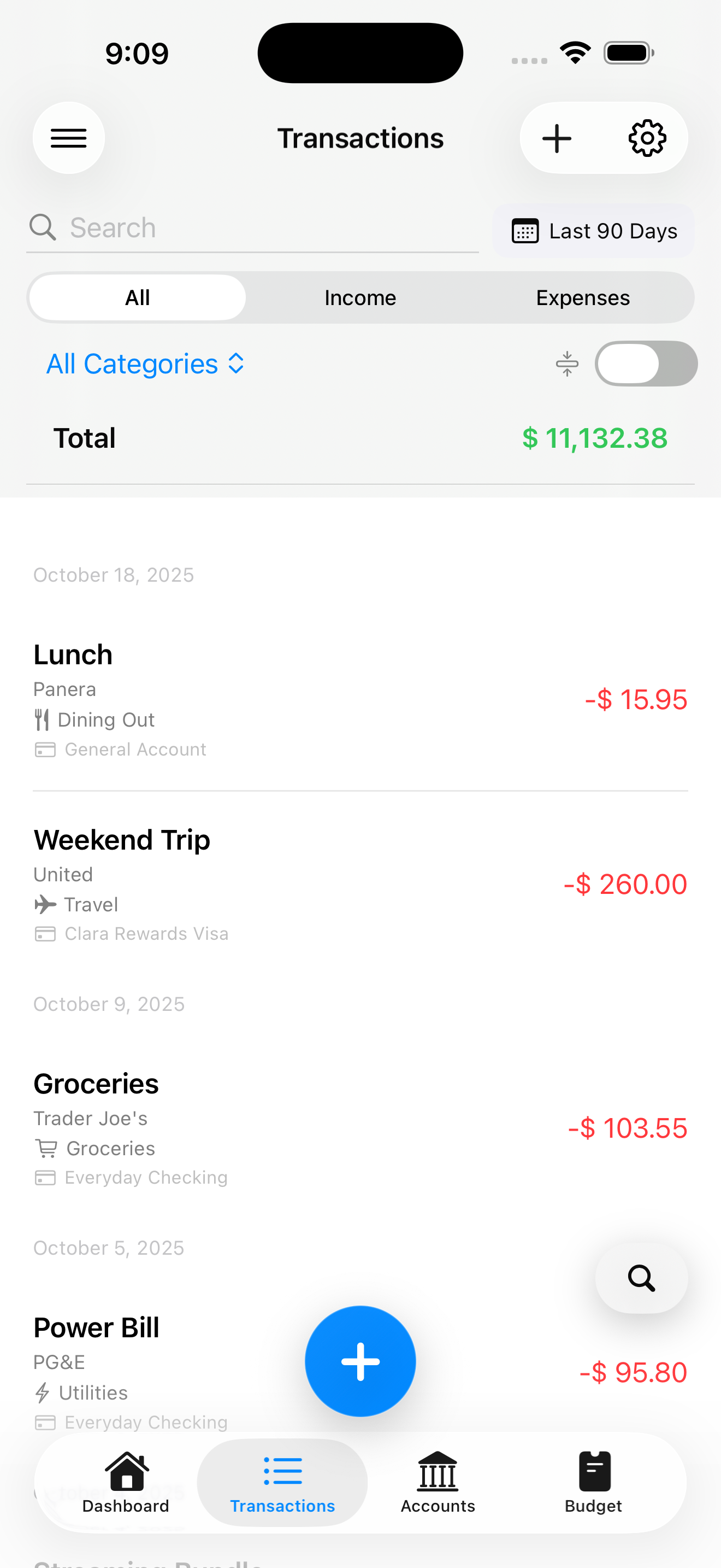 Transactions list inside Clara Money