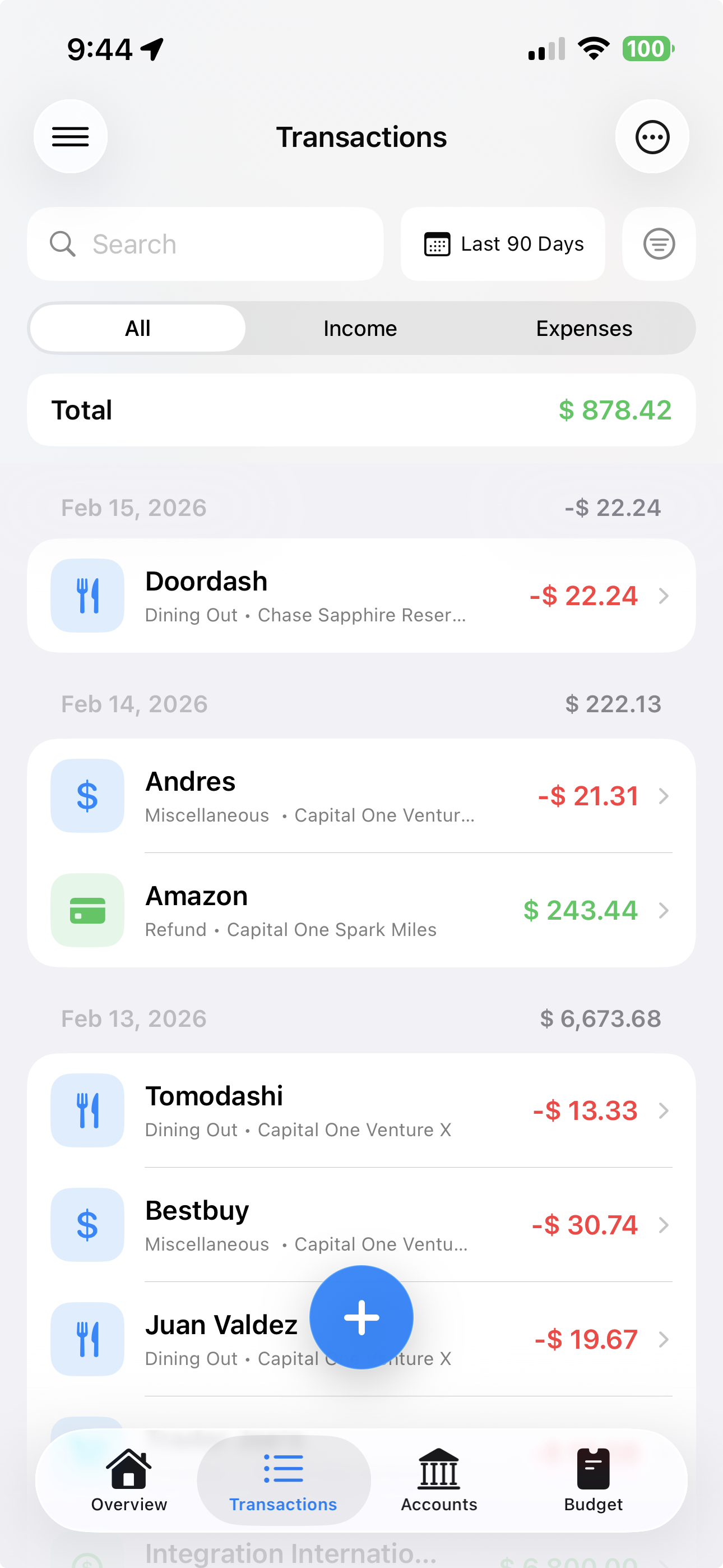 Transactions list inside Nara