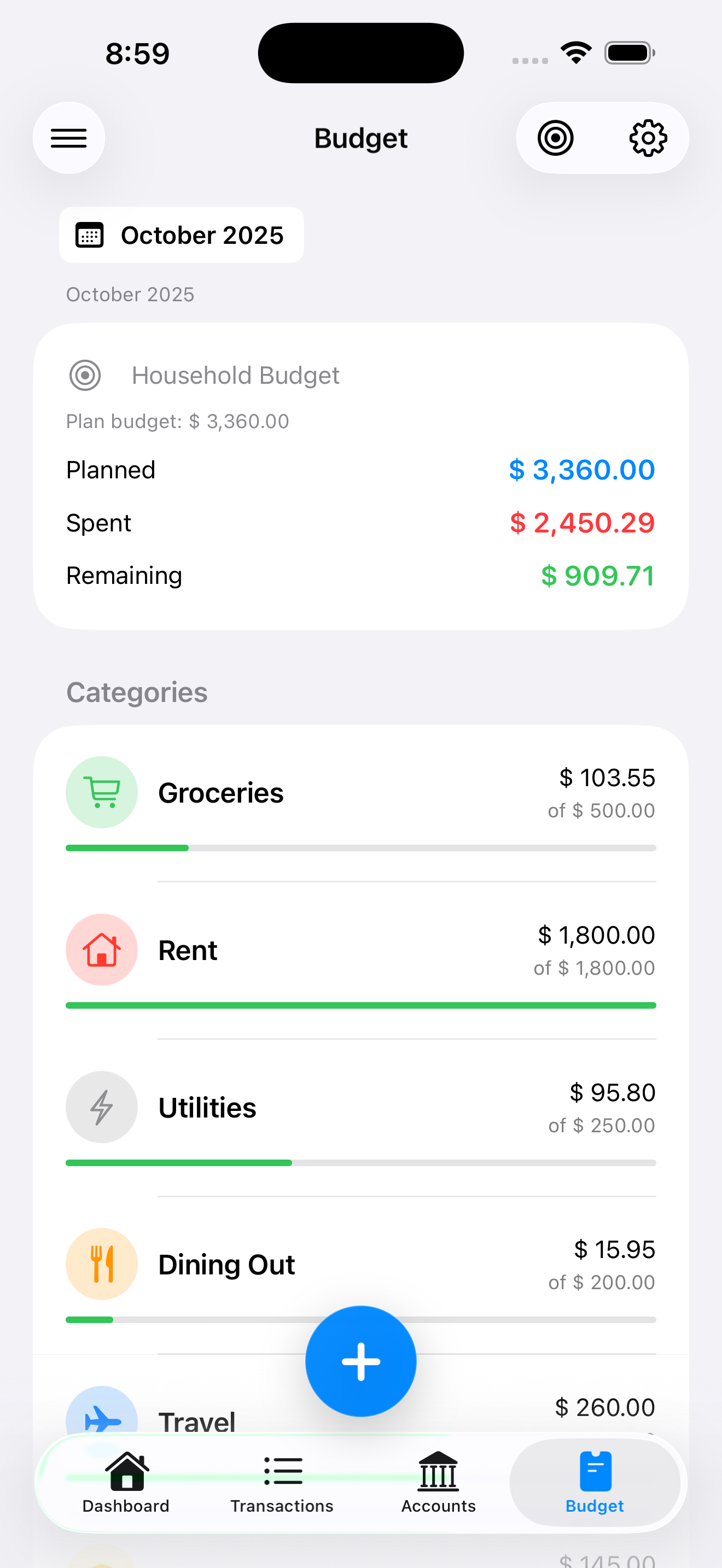 Budget categories breakdown in Clara Money