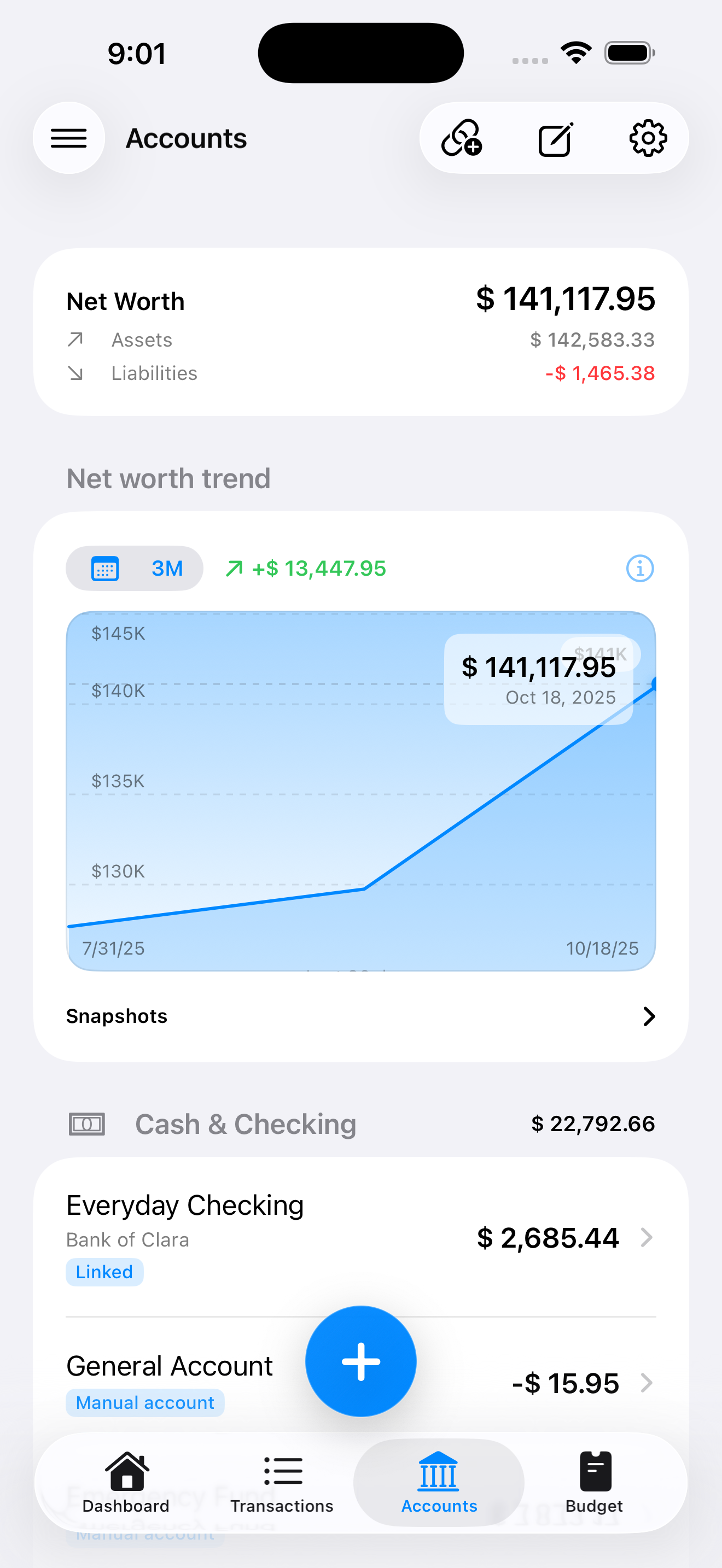 Net worth tracking screen in Clara Money