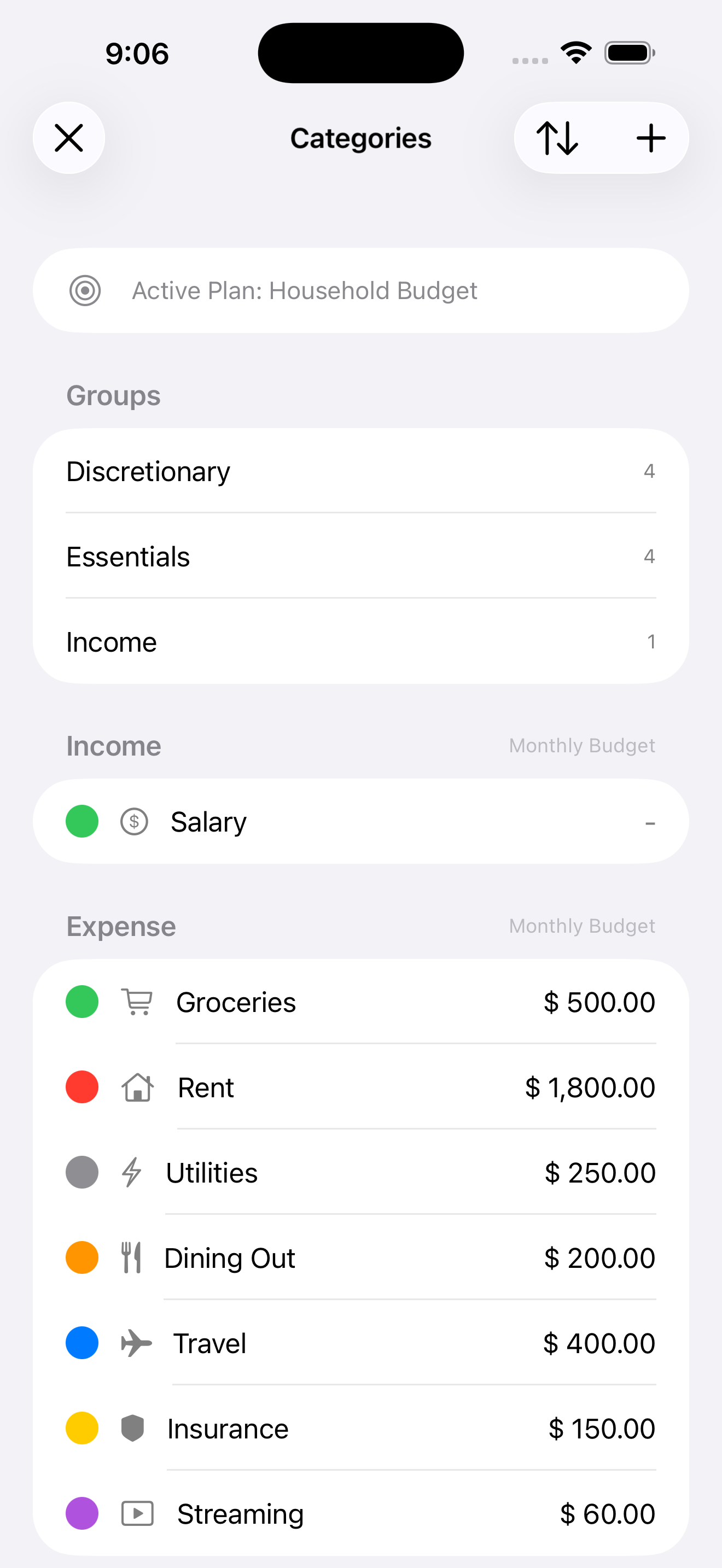 Spending categories view in Clara Money